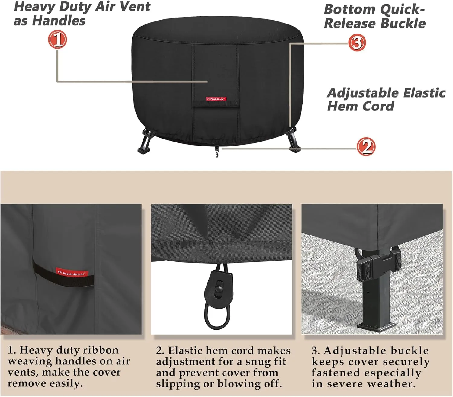 Porch Shield Fire Pit Cover - Waterproof 600D Heavy Duty Fade Resistant Round Patio Fire Bowl Cover Black - 44 inch