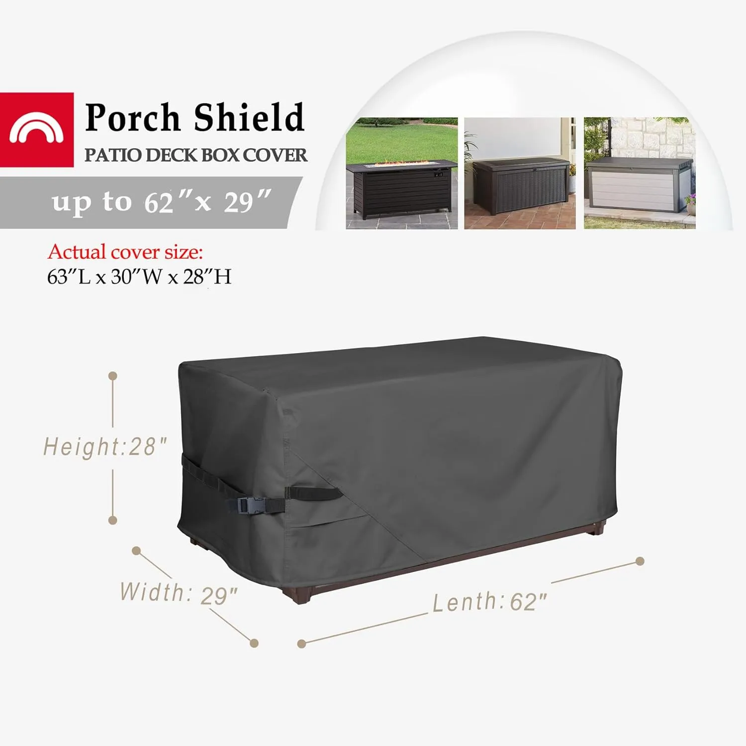 Porch Shield Patio Deck Box Storage Cover - 600D Outdoor Waterproof Cover for 150-230 Gallon Box Tear Resistant Rectangular Fire Pit Table Covers 62 x 29 x 28inch Black