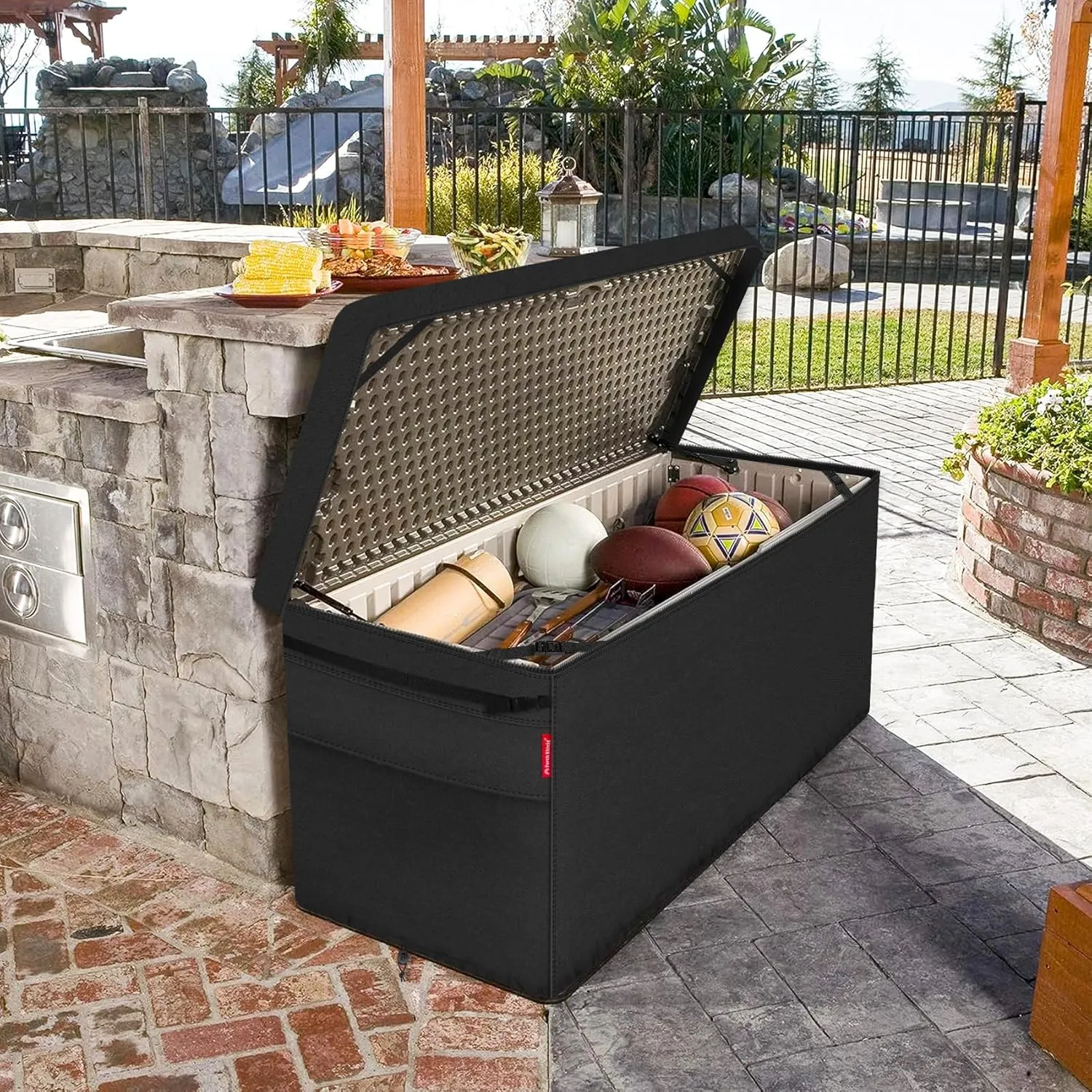 Porch Shield Patio Deck Box Storage Cover - 600D Outdoor Waterproof Tear Resistant Rectangular Fire Pit Table Covers 62 x 29 x 28 inches（Top Zipper, Black）