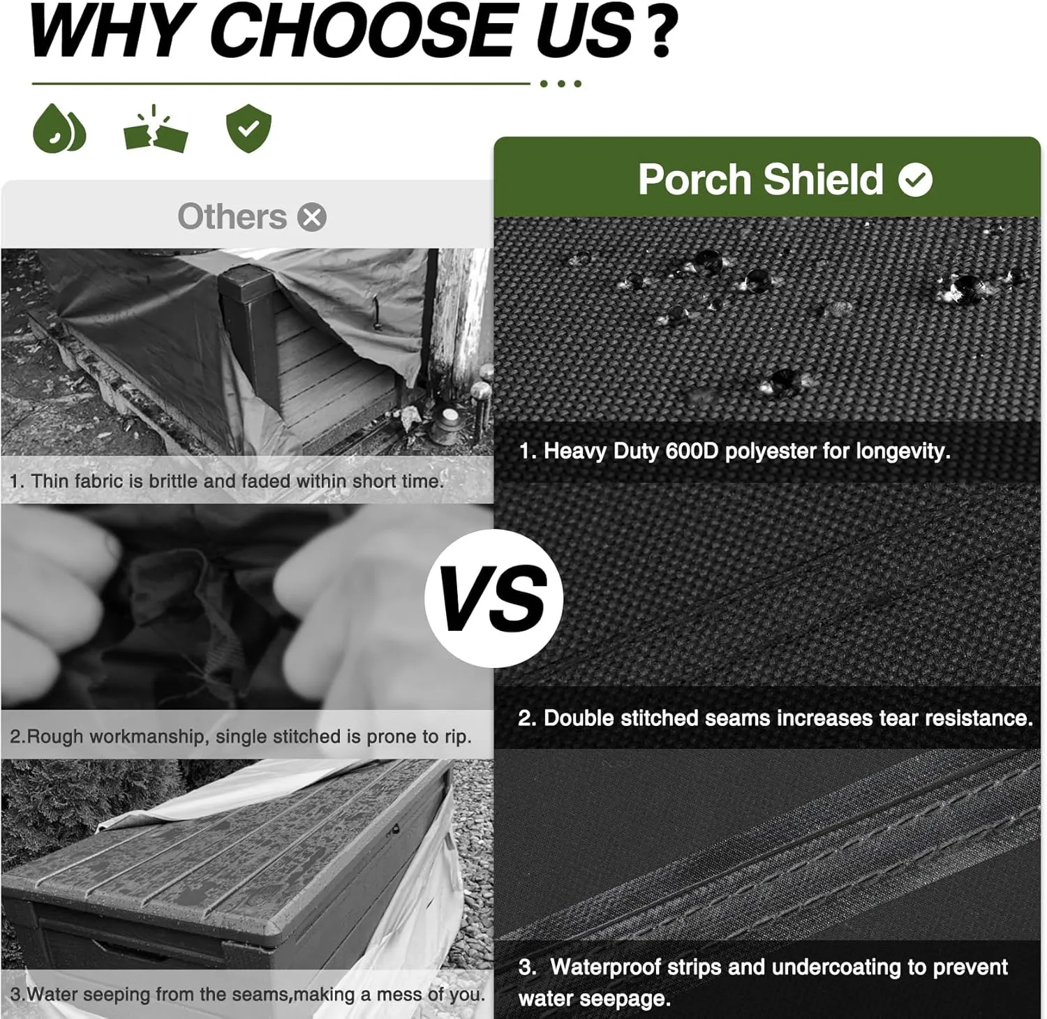 Porch Shield Patio Deck Box Storage Cover - 600D Outdoor Waterproof Tear Resistant Rectangular Fire Pit Table Covers 62 x 29 x 28 inches（Top Zipper, Black）