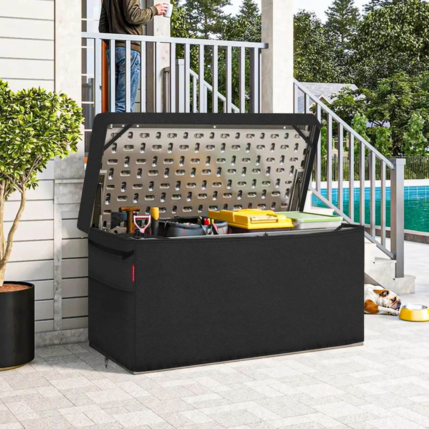 Porch Shield Patio Deck Box Storage Cover - 600D Outdoor Waterproof Tear Resistant Rectangular Fire Pit Table Covers 62 x 29 x 28 inches（Top Zipper, Black）
