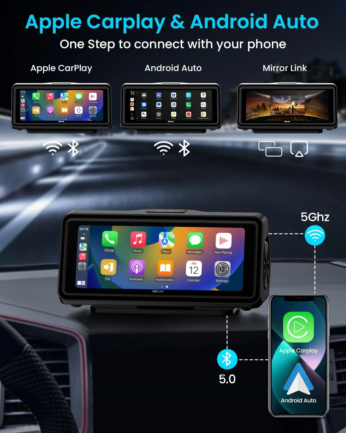 Portable Apple Carplay Screen for Car, Touch Screen with Wireless Android Auto, Car Audio Receivers with Voice Control, Mirror Link, Music Play, GPS Navigation, Built-in Customized Speakers (Black)