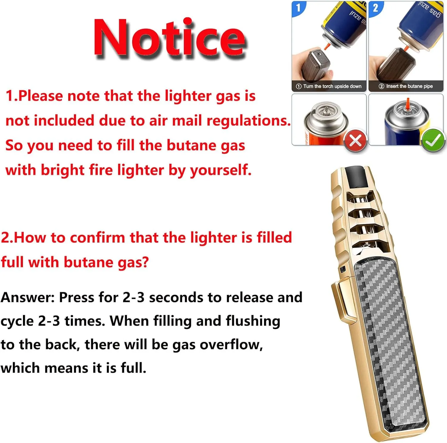Portable Brightfire, Turbine Jet Bright Fire Lighter, Windproof Straight Torch Blue Flame Lighter, Wind Resistant Bright Fire Lighter, Torch lighters Butane refillable for Men (Gold)