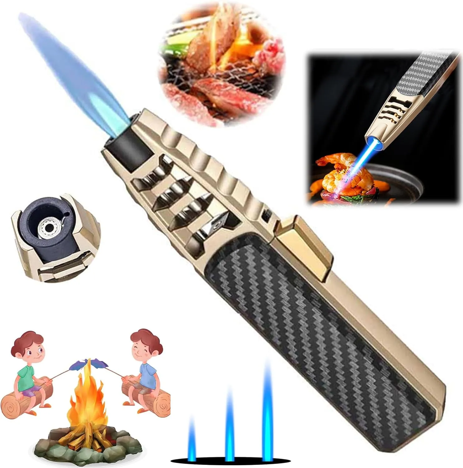 Portable Brightfire, Turbine Jet Bright Fire Lighter, Windproof Straight Torch Blue Flame Lighter, Wind Resistant Bright Fire Lighter, Torch lighters Butane refillable for Men (Gold)