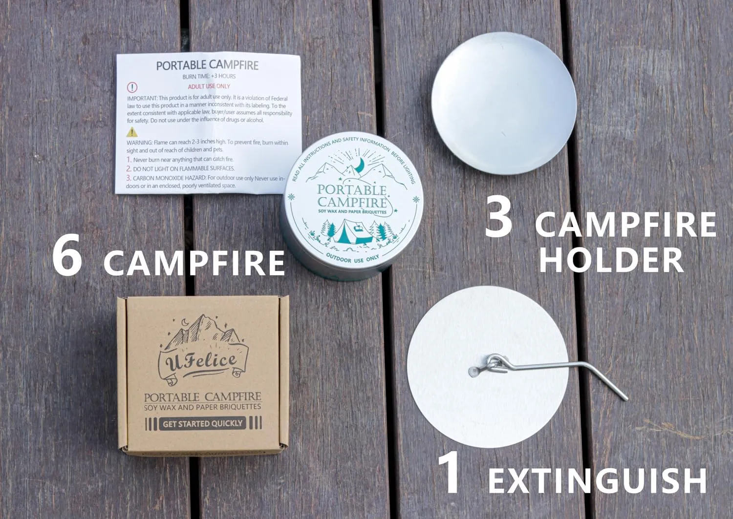 Portable Campfire, Holder and Extinguish Included, Reusable Fire Pit for Camping, Smores, Picnics - Made with Recycled Soy Wax Up to 3-5 Hours Burn Time - Tabletop Fireplace, Emergency Heat - 6 Pack