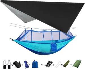 Portable Camping Hammock Lightweight and Tent Awning Rain Fly Tarp Waterproof Mosquito Net Hammock Canopy 210T Nylon Hammocks Blackandlightblue