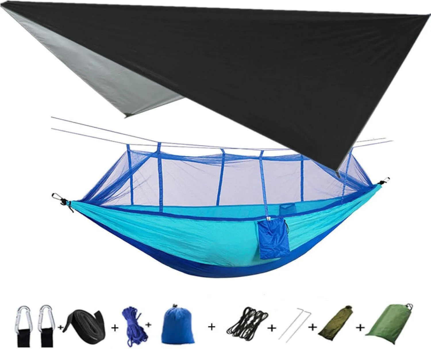 Portable Camping Hammock Lightweight and Tent Awning Rain Fly Tarp Waterproof Mosquito Net Hammock Canopy 210T Nylon Hammocks Blackandlightblue