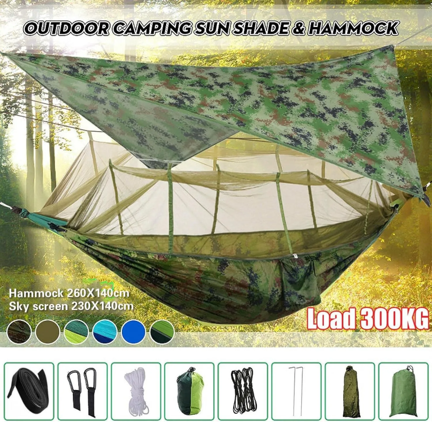 Portable Camping Hammock Lightweight and Tent Awning Rain Fly Tarp Waterproof Mosquito Net Hammock Canopy 210T Nylon Hammocks Blackandlightblue