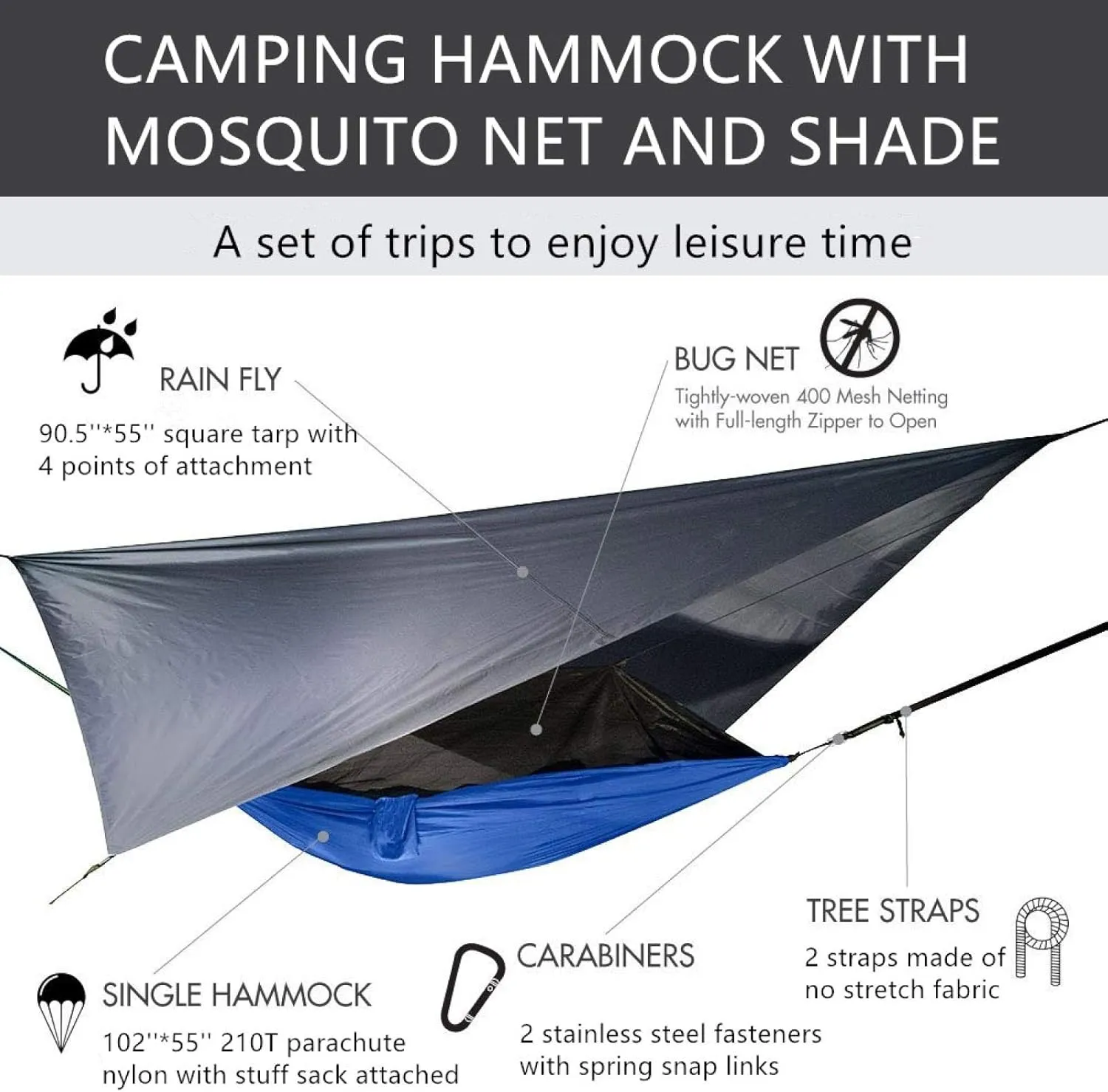 Portable Camping Hammock Lightweight and Tent Awning Rain Fly Tarp Waterproof Mosquito Net Hammock Canopy 210T Nylon Hammocks Blackandlightblue