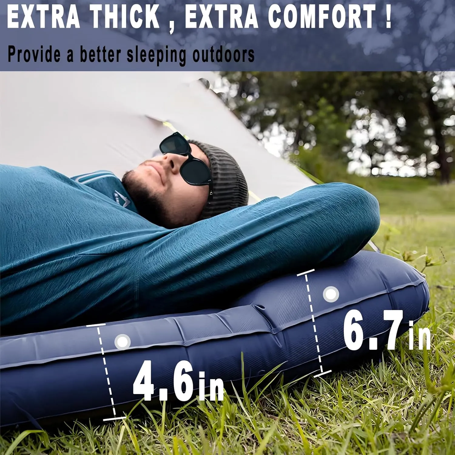 Portable Camping Sleeping Pad, 4” Thick Camping Mat, Inflatable Camping Mattress with Built-in Pillow and Foot Pump, Suitable for Camping, Hiking, Backpacking (Blue)