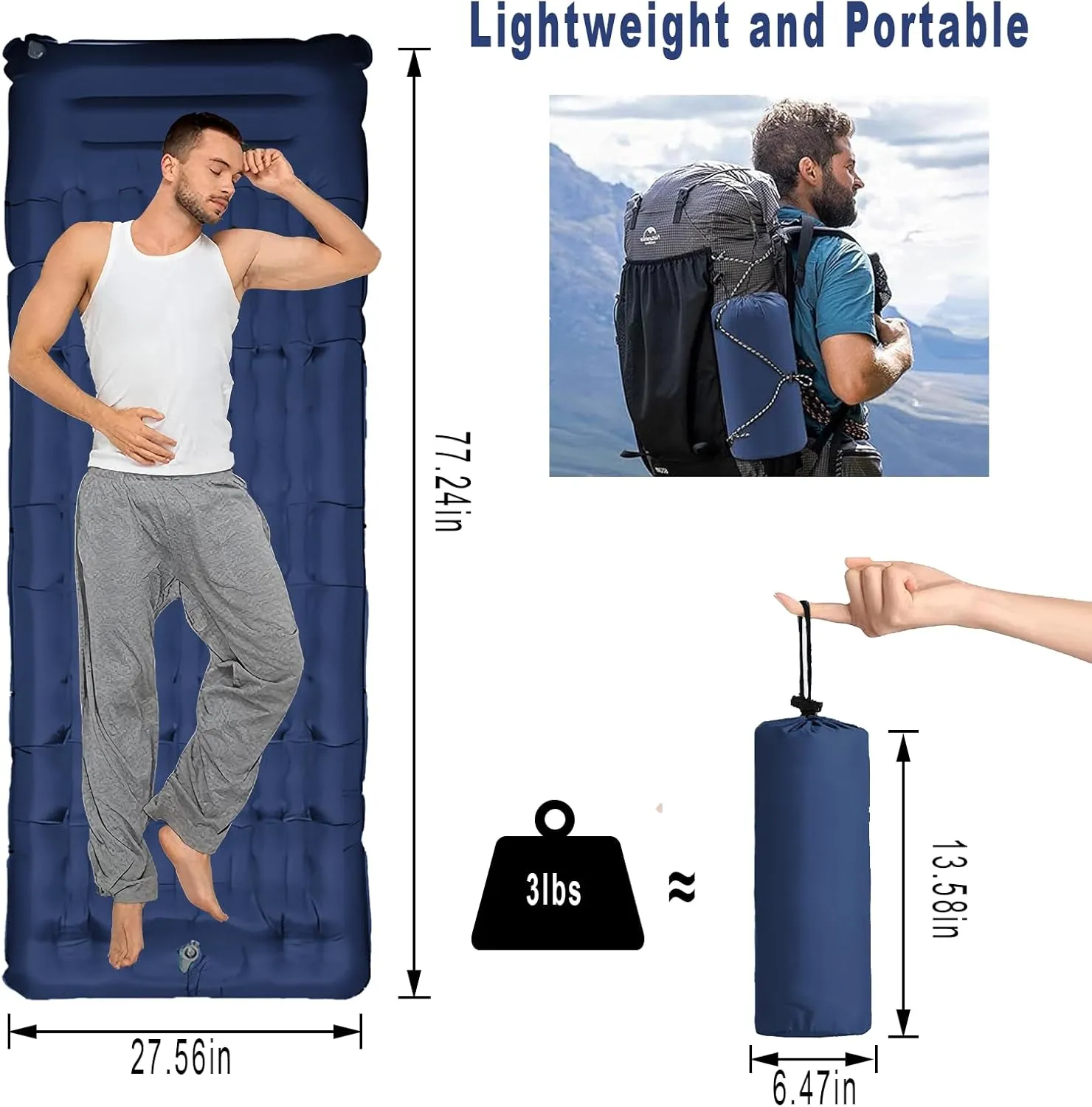 Portable Camping Sleeping Pad, 4” Thick Camping Mat, Inflatable Camping Mattress with Built-in Pillow and Foot Pump, Suitable for Camping, Hiking, Backpacking (Blue)