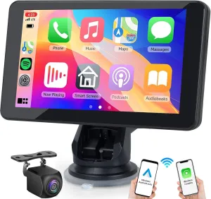 Portable Carplay Screen for Car Compatable with Apple CarPlay and Android Auto,Wireless Car Play Unit with GPS Navigation,Bluetooth,Mirror Link,Touch Screen for All Vehicles (7 Inch Reverse Camera)