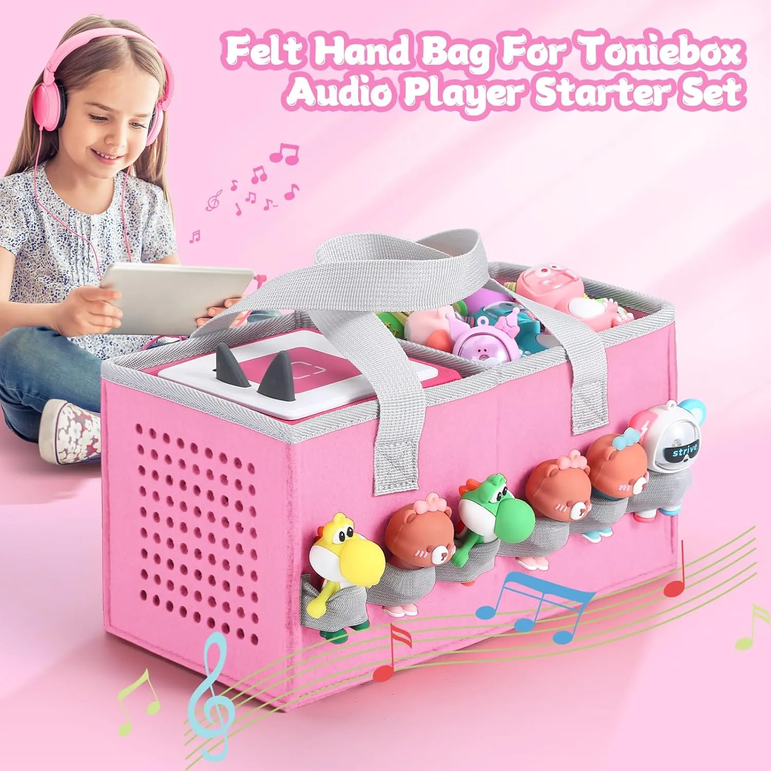 Portable Carrying Case Compatible with Toniebox Starter Set and Tonies Figurines,Travel Felt Cloth Musical Toy Folding Bag for Toniebox Accessories (Pink)