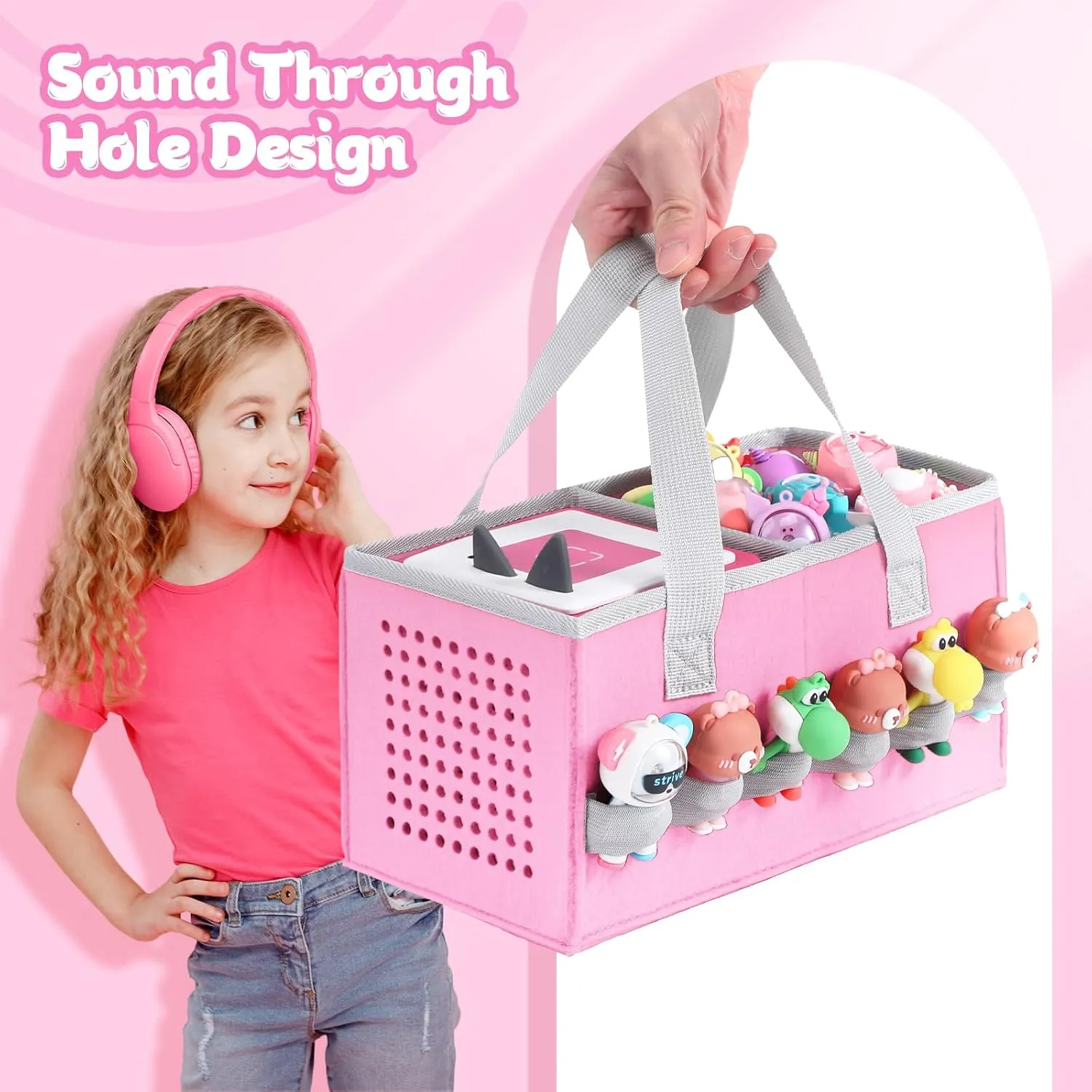 Portable Carrying Case Compatible with Toniebox Starter Set and Tonies Figurines,Travel Felt Cloth Musical Toy Folding Bag for Toniebox Accessories (Pink)