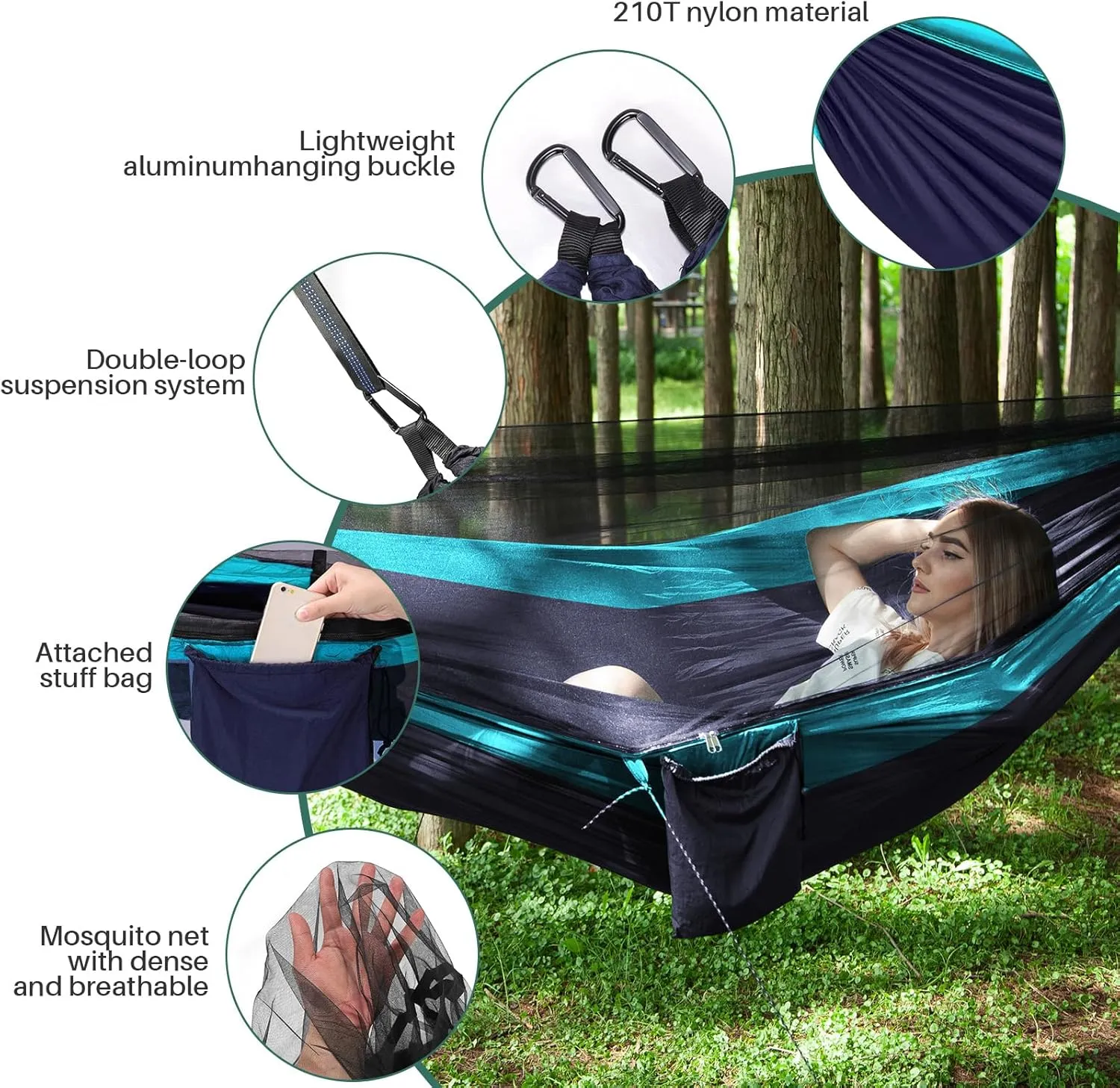 Portable Double Camping Hammock with Mos-Quito Net - 2-Person Lightweight Nylon Parachute Hammock for Outdoor Camping, Hiking, and Travel (Sky Blue&Navy Blue)