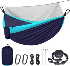 Portable Double Camping Hammock with Mos-Quito Net - 2-Person Lightweight Nylon Parachute Hammock for Outdoor Camping, Hiking, and Travel (Sky Blue&Navy Blue)