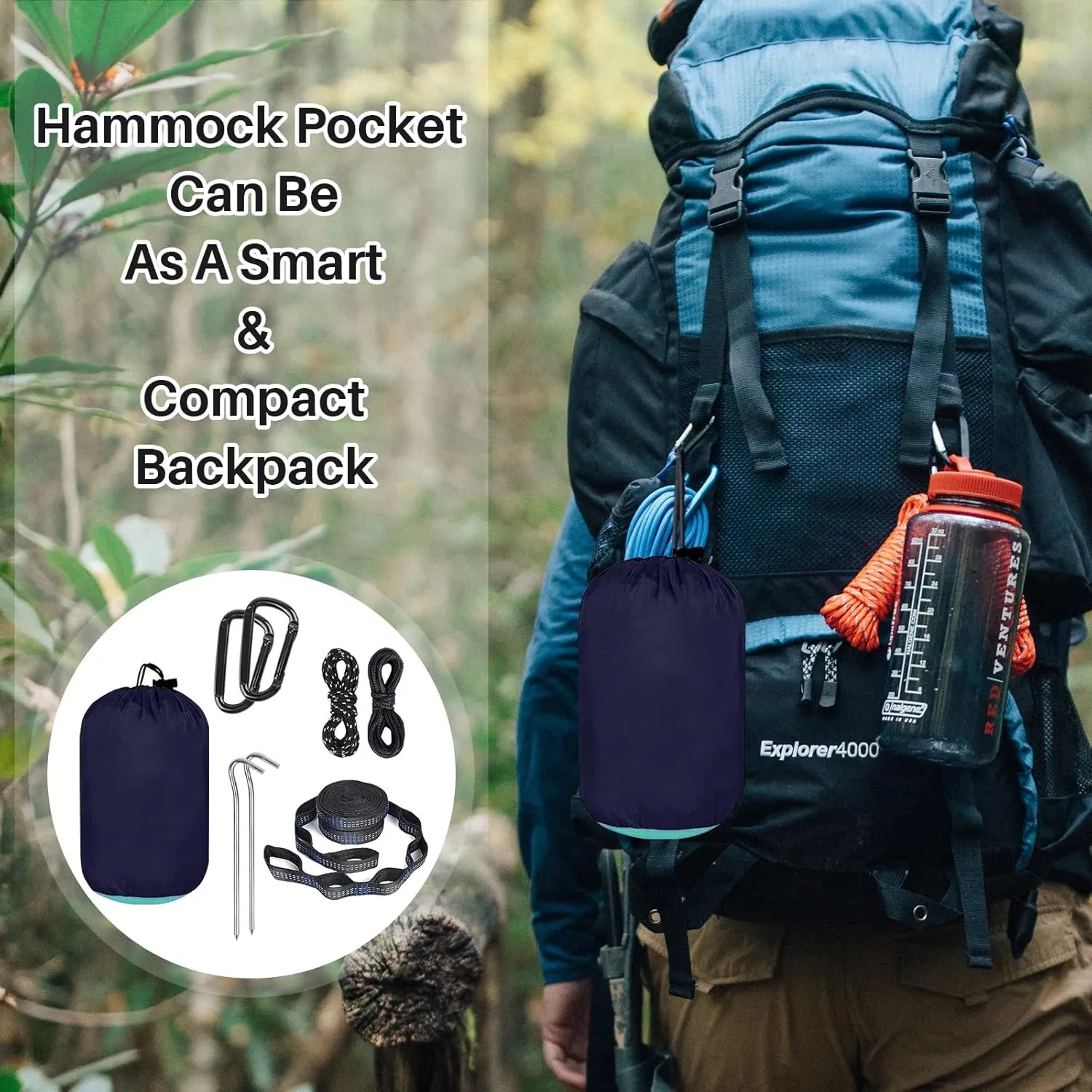 Portable Double Camping Hammock with Mos-Quito Net - 2-Person Lightweight Nylon Parachute Hammock for Outdoor Camping, Hiking, and Travel (Sky Blue&Navy Blue)