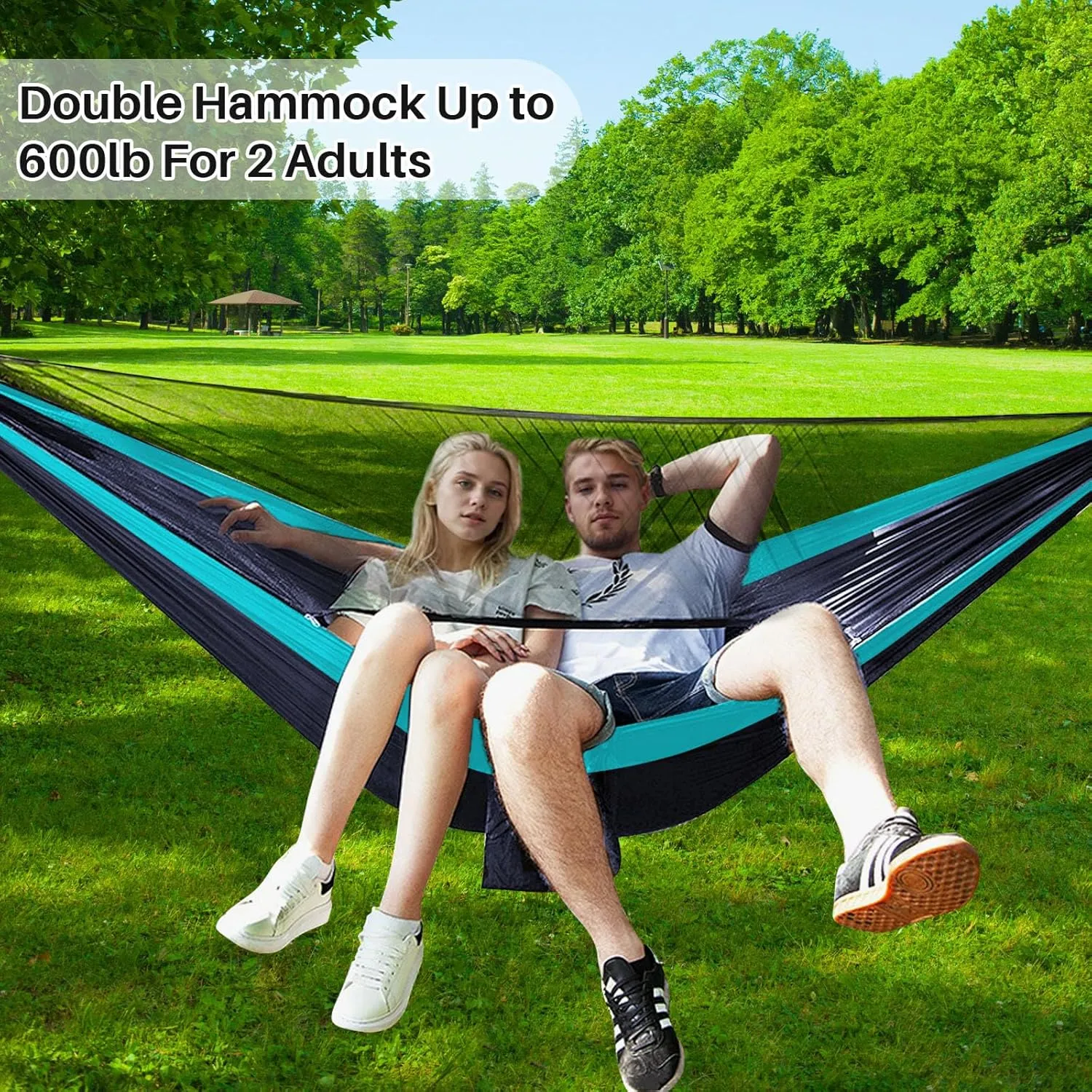 Portable Double Camping Hammock with Mos-Quito Net - 2-Person Lightweight Nylon Parachute Hammock for Outdoor Camping, Hiking, and Travel (Sky Blue&Navy Blue)