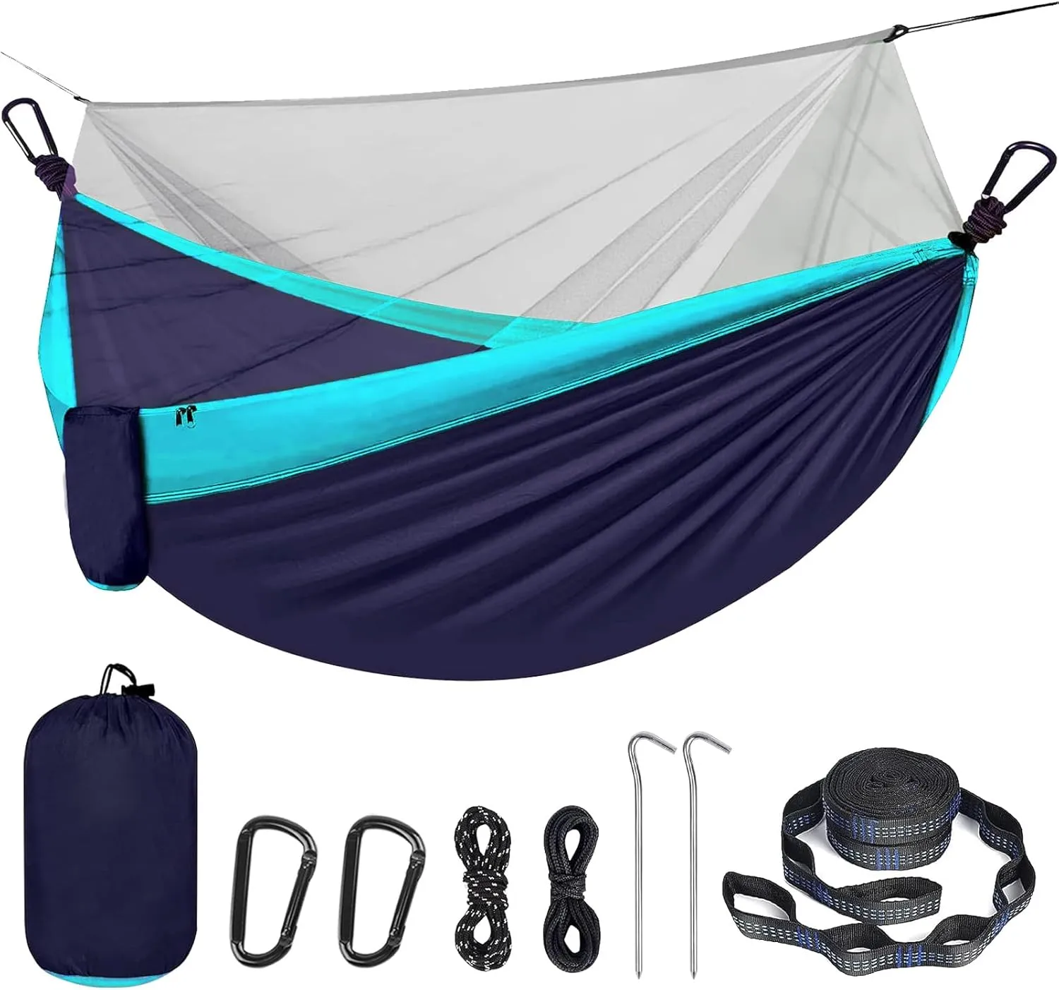 Portable Double Camping Hammock with Mos-Quito Net - 2-Person Lightweight Nylon Parachute Hammock for Outdoor Camping, Hiking, and Travel (Sky Blue&Navy Blue)