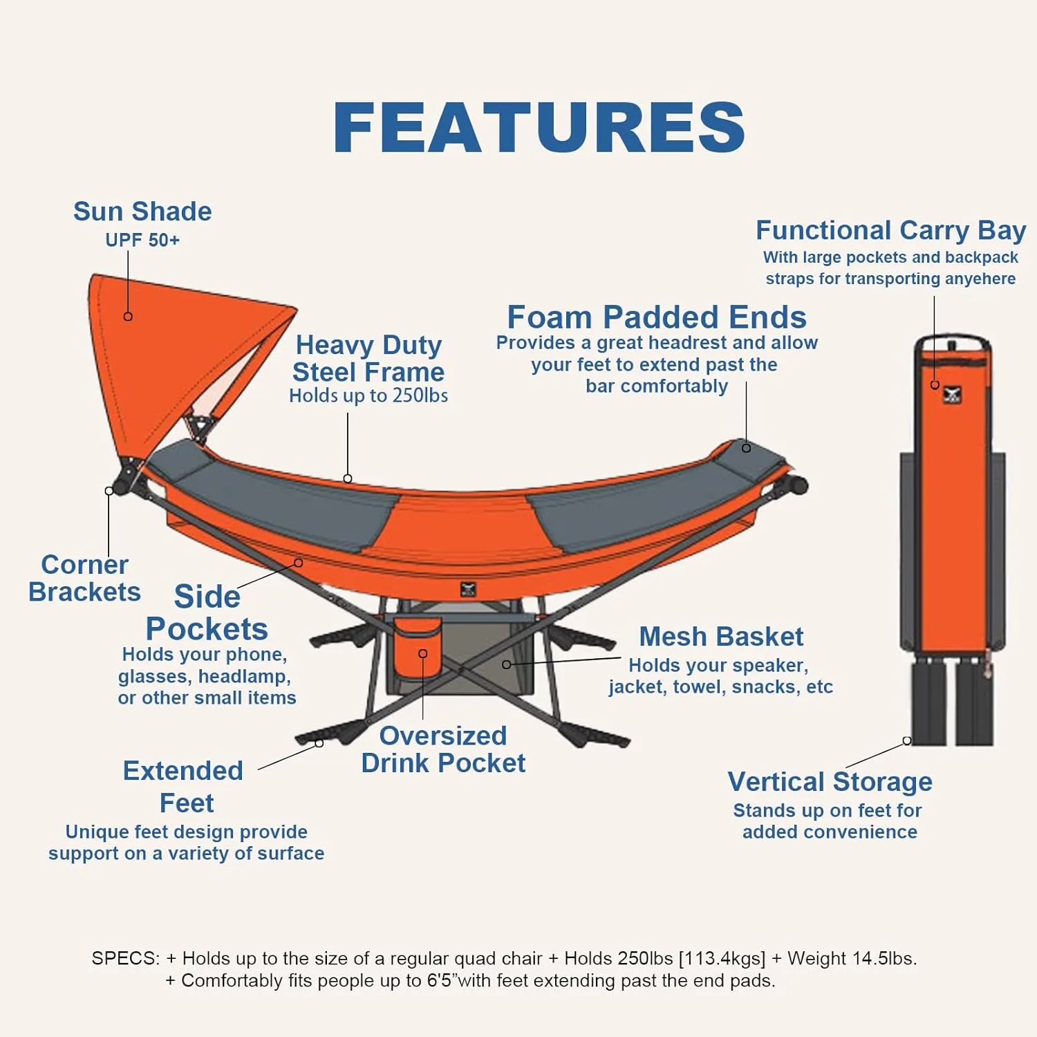 Portable Hammock with Stand, World's Best Mock ONE® Hammock, Compact Folding Framed Hammock with Adjustable Sunshade Canopy for Indoor, Outdoor, Park, Backpacking, Camping, Hiking, Travel, Beach-Blue