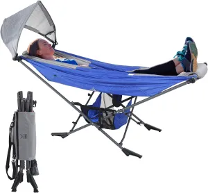 Portable Hammock with Stand, World's Best Mock ONE® Hammock, Compact Folding Framed Hammock with Adjustable Sunshade Canopy for Indoor, Outdoor, Park, Backpacking, Camping, Hiking, Travel, Beach-Blue