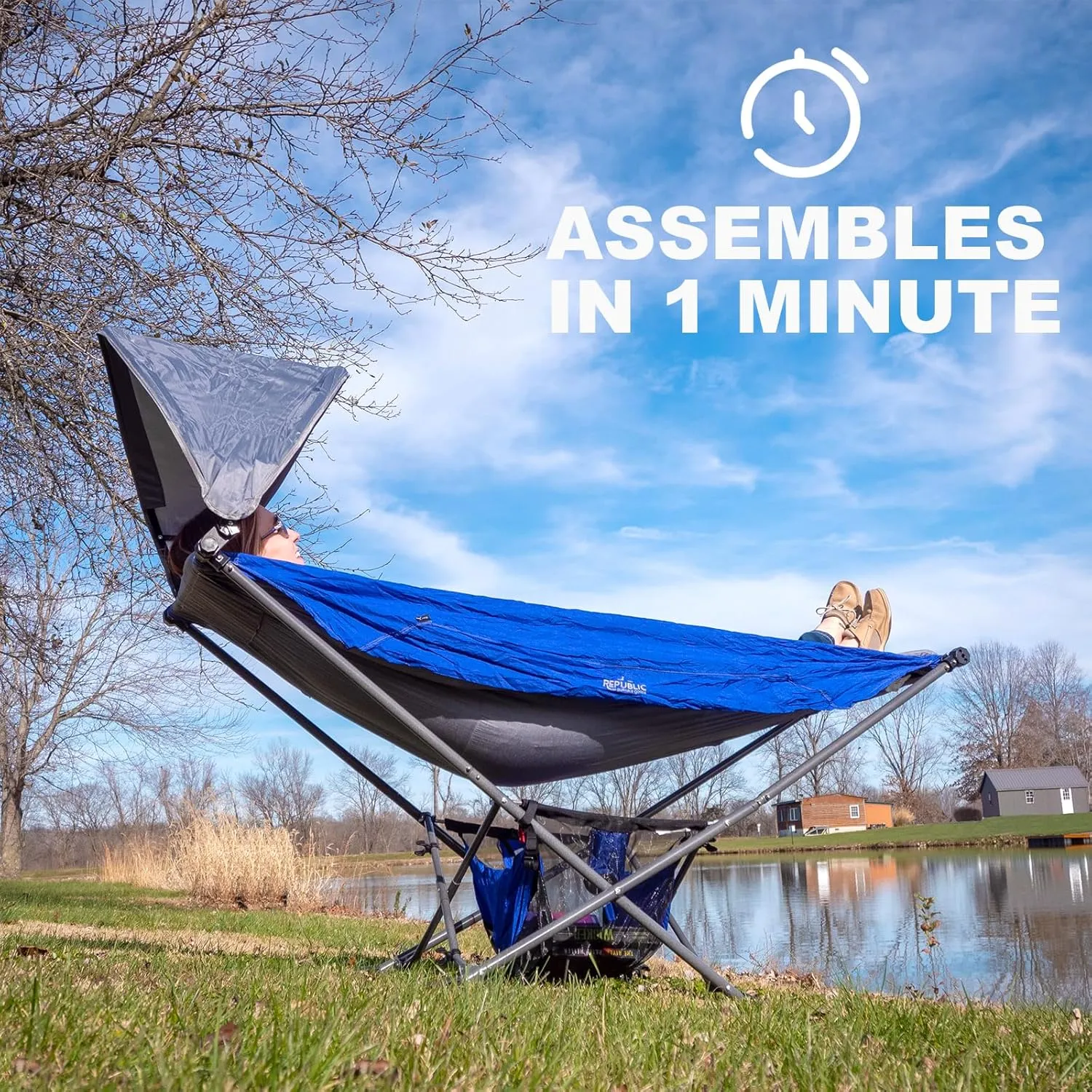 Portable Hammock with Stand, World's Best Mock ONE® Hammock, Compact Folding Framed Hammock with Adjustable Sunshade Canopy for Indoor, Outdoor, Park, Backpacking, Camping, Hiking, Travel, Beach-Blue