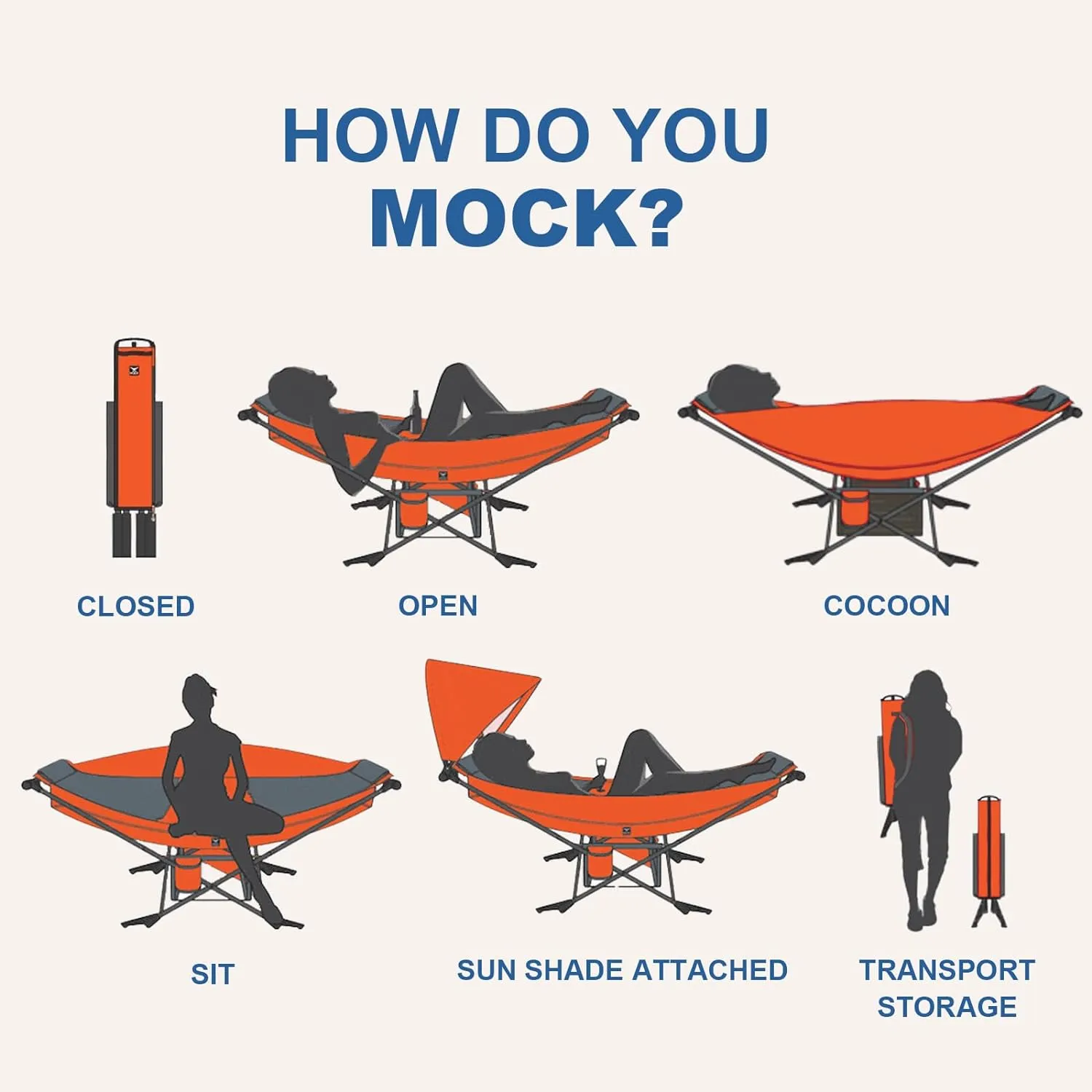 Portable Hammock with Stand, World's Best Mock ONE® Hammock, Compact Folding Framed Hammock with Adjustable Sunshade Canopy for Indoor, Outdoor, Park, Backpacking, Camping, Hiking, Travel, Beach-Blue