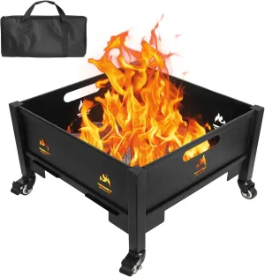 Portable Square Fire Pit, 22 Inch Outdoor Collapsible Plug Firepit for Camping, Backyard, Patio, Portable Indoor Outdoor BBQ Accessories for Wood Burning with Storage Bag, Black