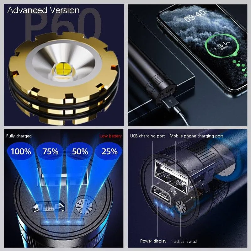 Powerful Flashlight P60 High Power Rechargeable LED 2400mAh USB Tactical Lamp Camping Lantern 18650 Battery Search Fishing Torch