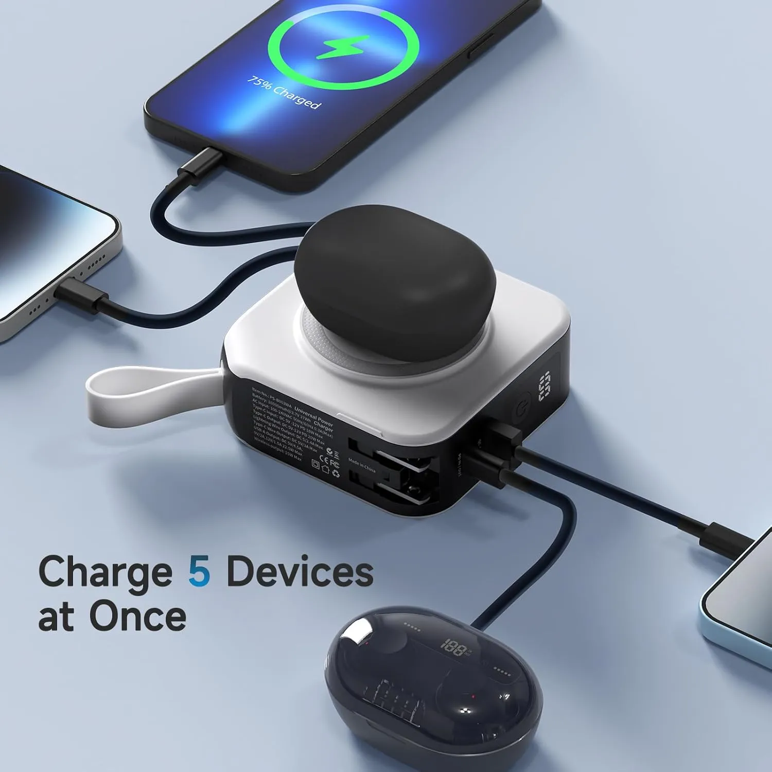 Powerpack Universal 5 in 1 Travel Power Bank - for Magsafe Battery Pack,10000mAh Power Bank with Built in Cable - Wireless Portable Charger for iPhone 15/15 Pro/ProMax, iPhone 14/13/12 Series