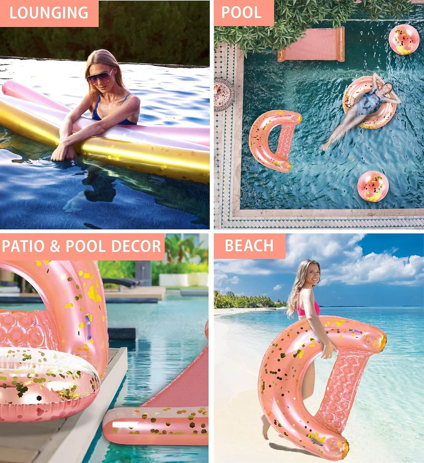 POZA Inflatable Full House Bundle - Premium Luxurious Sparkle Confetti 36" Pool Float Tube, 16" Beach Balls, 74" Pool Noodles, 48" Pool Chair, and 56" Water Hammock - 7 Pieces Pack