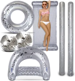 POZA Inflatable Full House Bundle - Premium Luxurious Sparkle Confetti 36" Pool Float Tube, 16" Beach Balls, 74" Pool Noodles, 48" Pool Chair, and 56" Water Hammock - 7 Pieces Pack