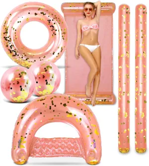 POZA Inflatable Full House Bundle - Premium Luxurious Sparkle Confetti 36" Pool Float Tube, 16" Beach Balls, 74" Pool Noodles, 48" Pool Chair, and 56" Water Hammock - 7 Pieces Pack