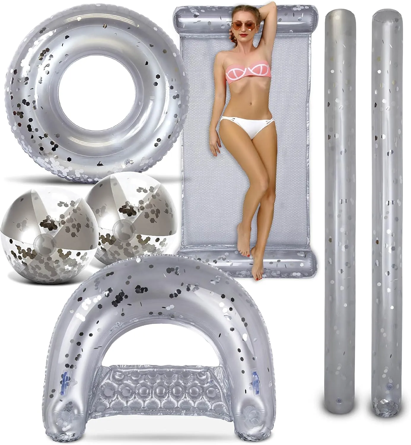 POZA Inflatable Full House Bundle - Premium Luxurious Sparkle Confetti 36" Pool Float Tube, 16" Beach Balls, 74" Pool Noodles, 48" Pool Chair, and 56" Water Hammock - 7 Pieces Pack