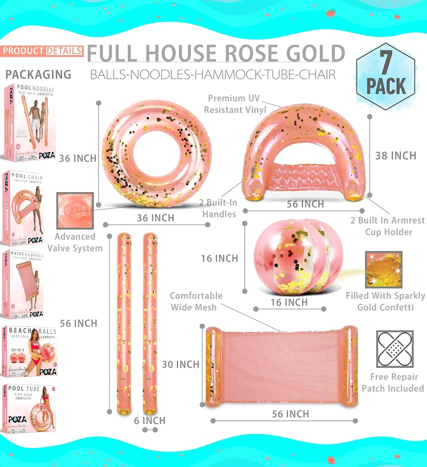 POZA Inflatable Full House Bundle - Premium Luxurious Sparkle Confetti 36" Pool Float Tube, 16" Beach Balls, 74" Pool Noodles, 48" Pool Chair, and 56" Water Hammock - 7 Pieces Pack