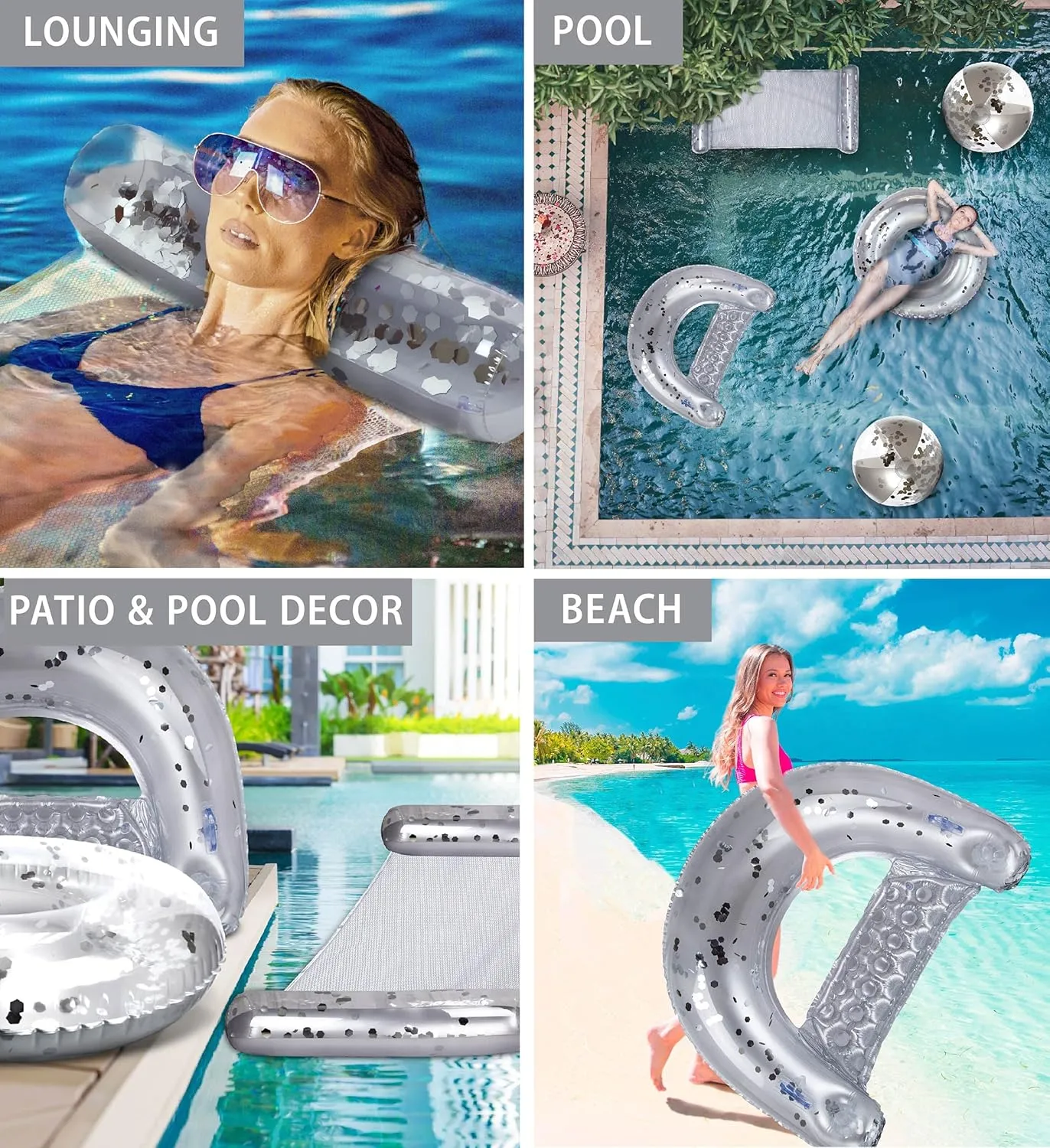 POZA Inflatable Full House Bundle - Premium Luxurious Sparkle Confetti 36" Pool Float Tube, 16" Beach Balls, 74" Pool Noodles, 48" Pool Chair, and 56" Water Hammock - 7 Pieces Pack