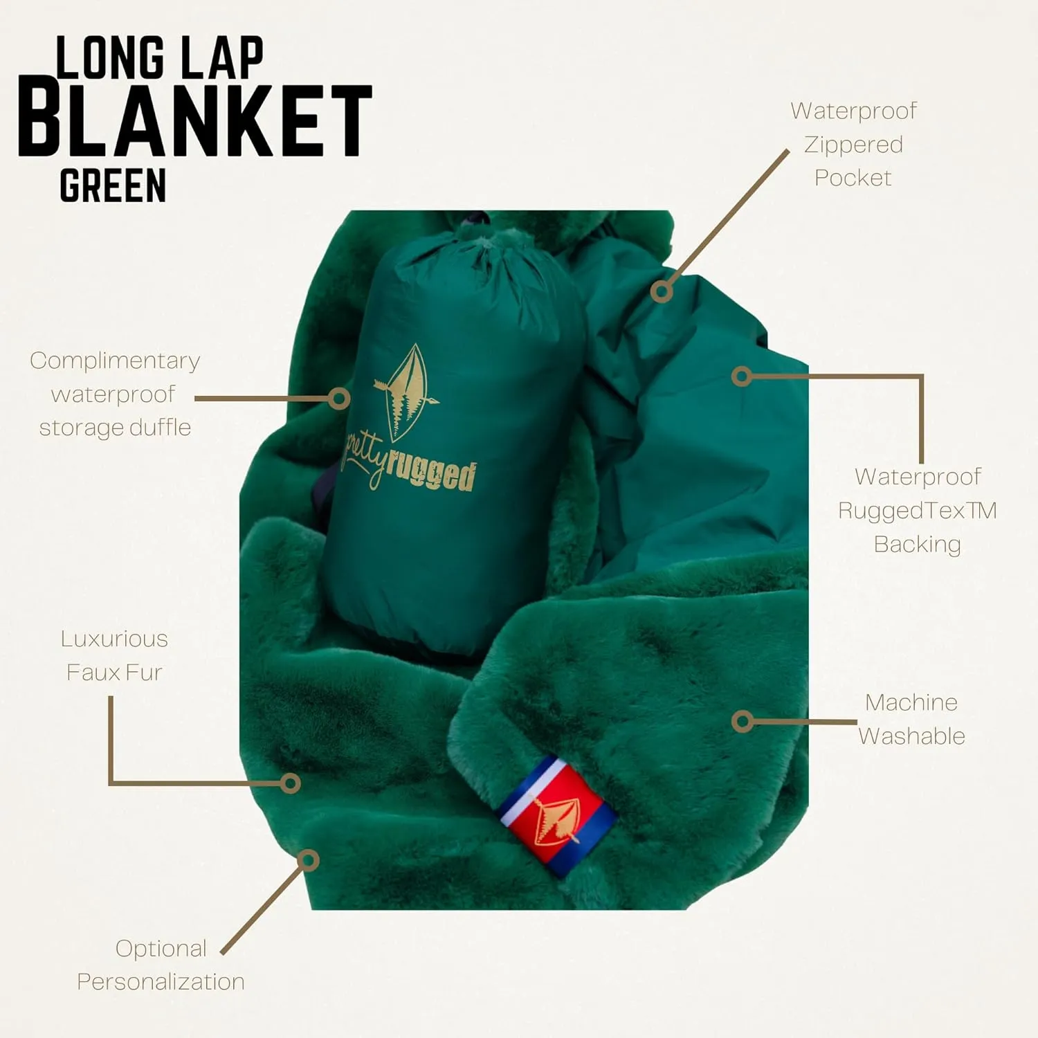 Pretty Rugged Faux Mink Luxe Customizable Long Lap Blanket, Waterproof and Reversible, Machine Washable Fuzzy Throw, Green