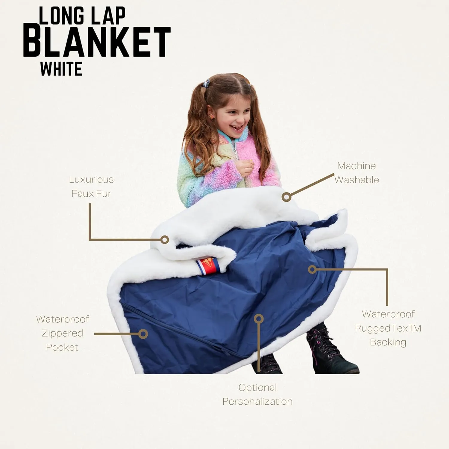 Pretty Rugged Faux Mink Luxe Customizable Long Lap Blanket, Waterproof and Reversible, Machine Washable Fuzzy Throw, White
