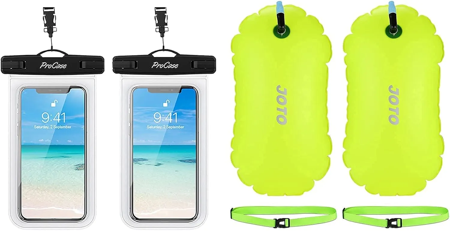 ProCase 2 Pack Universal Waterproof Phone Pouch Bundle with JOTO [2 Pack] Swimming Bubble Safety Float with Adjustable Waist Belt