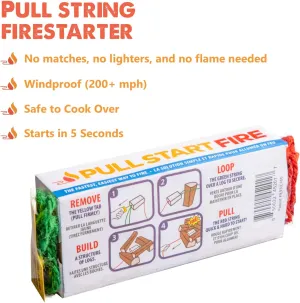 Pull Start Fire Pull String Firestarter | No Matches Required, Fire Starts in Seconds | for Campfires, Grill, Fireplace, BBQ | Lights Wet Wood, Easy to Use, Food Safe and Weather Resistant