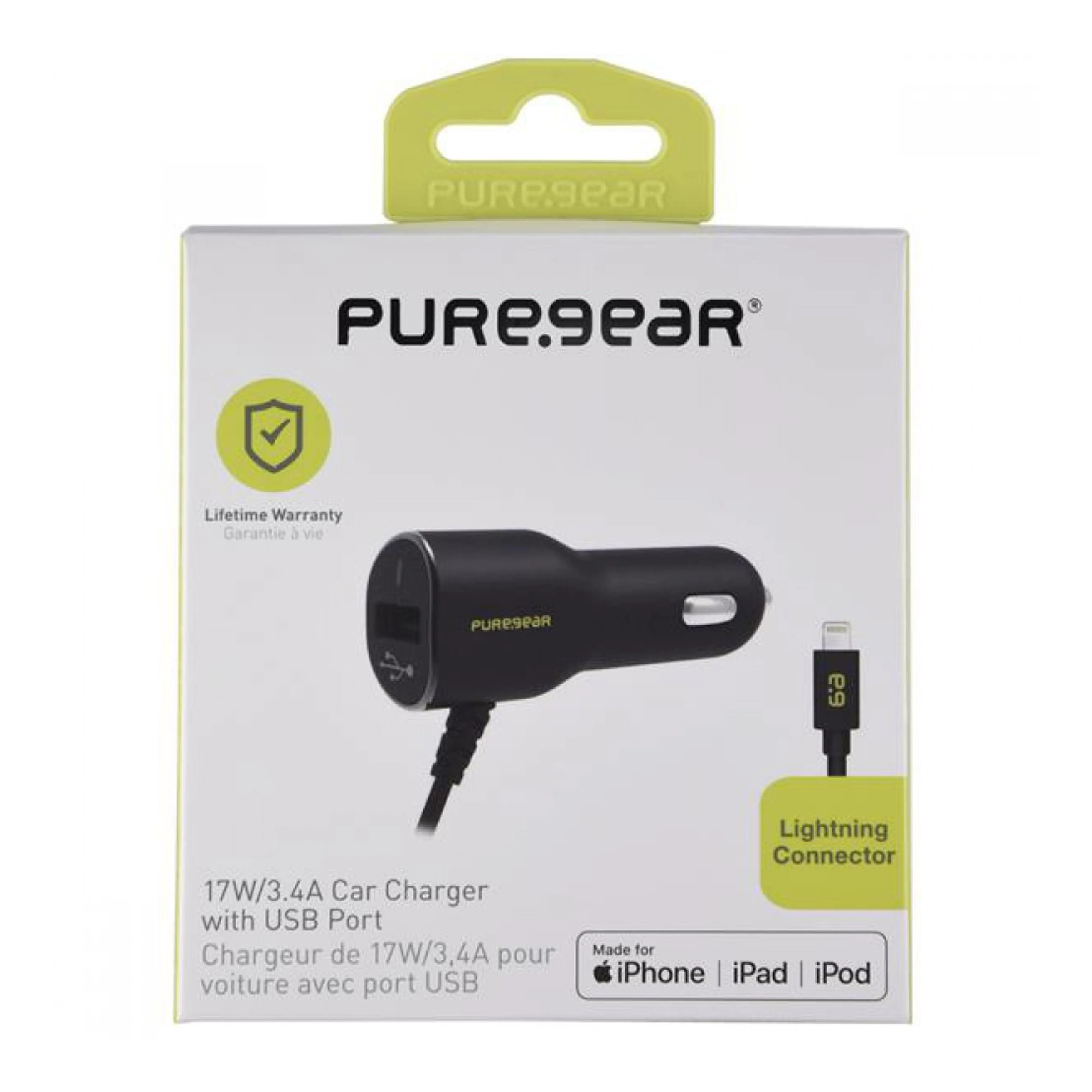 PureGear 17W USB Car Charger with Built-In Lightning Cable - Black