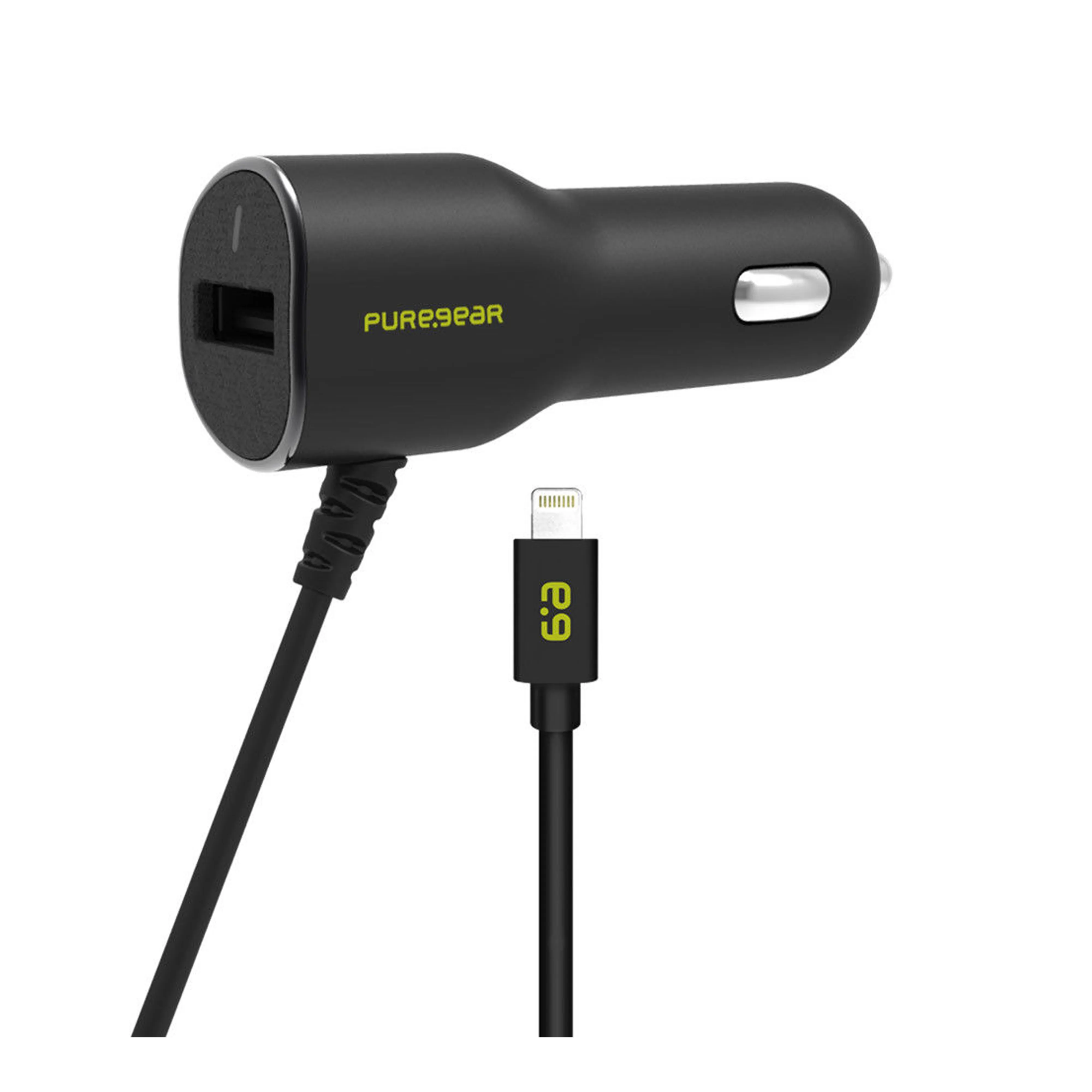 PureGear 17W USB Car Charger with Built-In Lightning Cable - Black