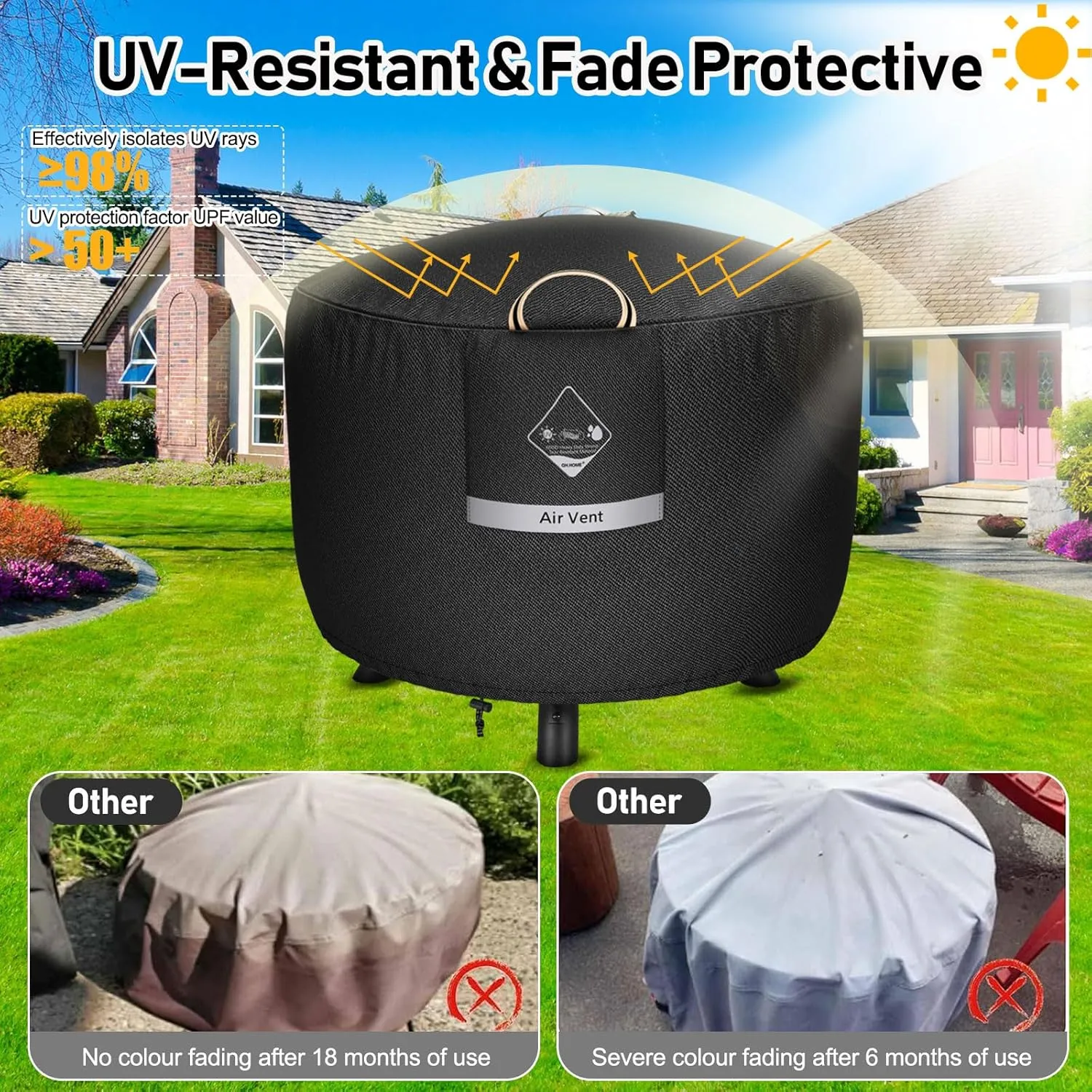 QH.HOME Fire Pit Cover Round Super Waterproof, 36" D X 24" H Outdoor Firepit Cover 600D Strong Tear Resistant, Premium Fading Resistant for Fire Pit