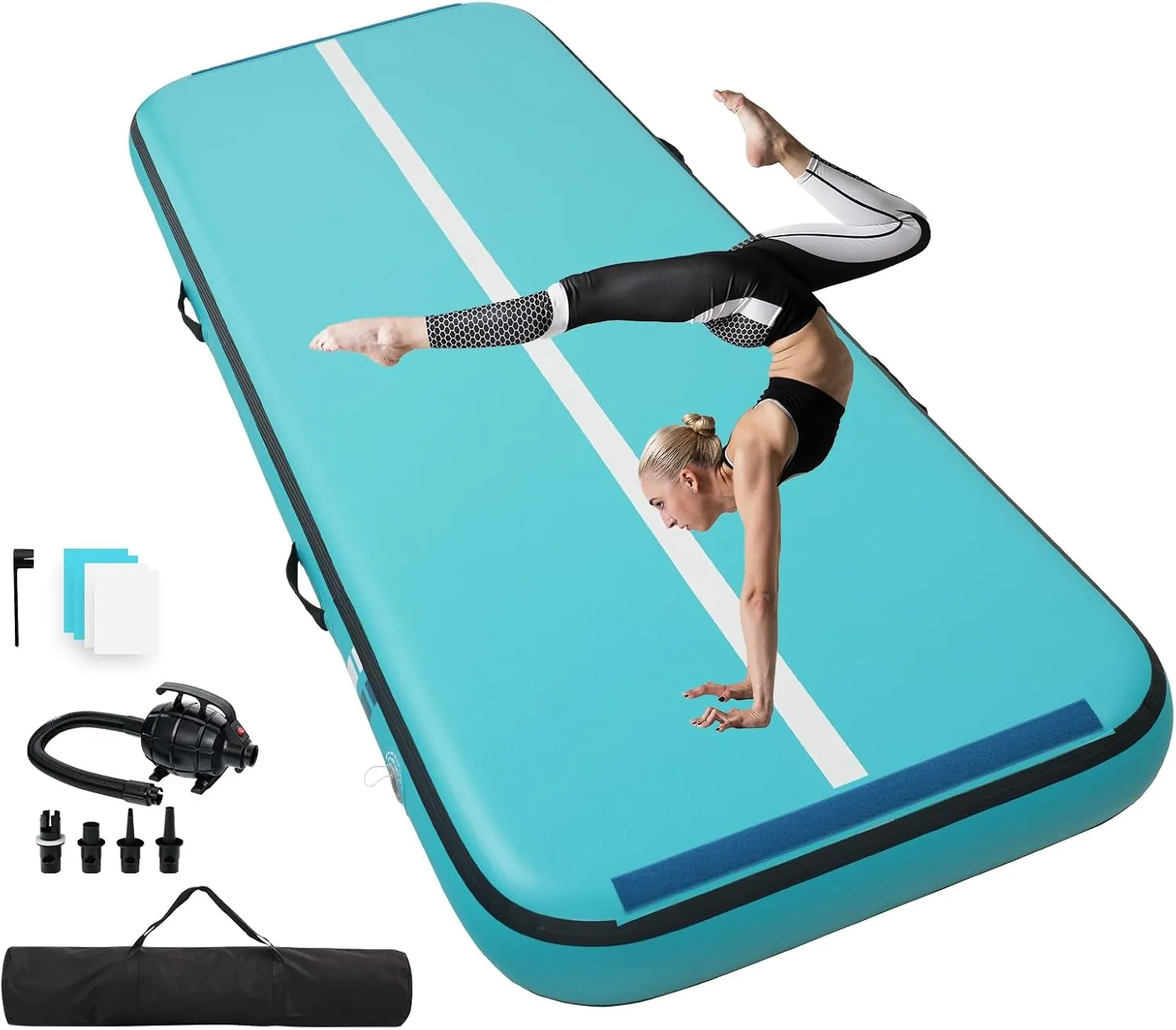 Quashley Air Gymnastics Mat 8 Inch Thick Gym Tumbling Mat With Two Velcro Connectors Flexible 10tf/13ft/16ft/20ft Inflatable Floor Mats for Training/Cheerleading/Home Electric Pump