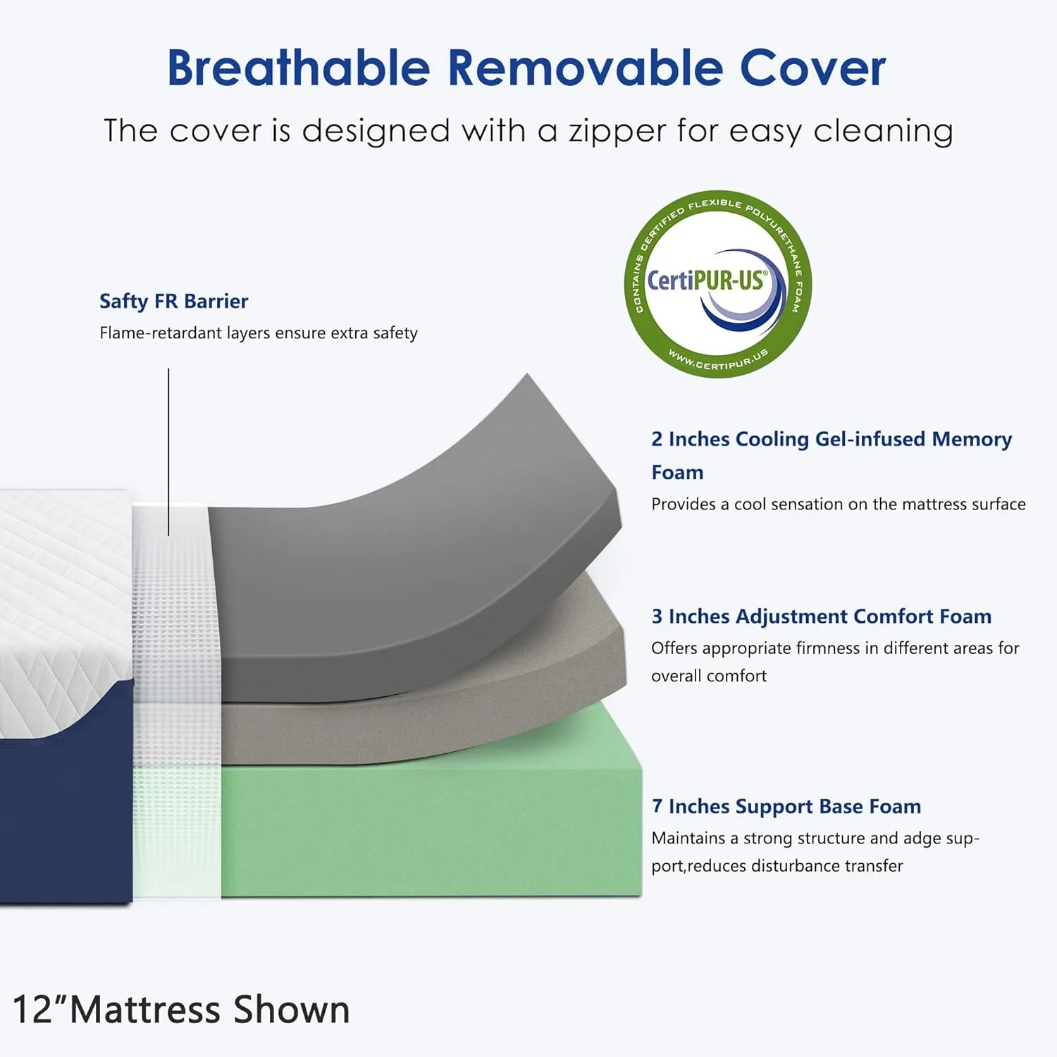 Queen Mattress, 10 Inch Green Tea Gel Memory Foam Mattress Queen, Cooling Gel Infused Mattress for Pressure Relief, Bed in a Box CertiPUR-US Certified & Fiberglass Free, Washable Cover