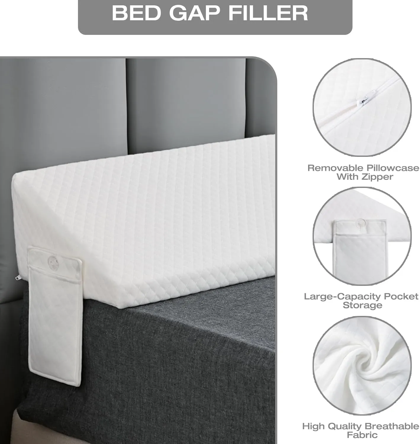 Queen Size Wedge Pillow Headboard Gap Bed Crack Filler Triangle Nora Pillows Long Plus Gap(0-8") Between Mattress and Headboards for Dorm Sleeping Backest Room Accessories Apartment Must Haves White