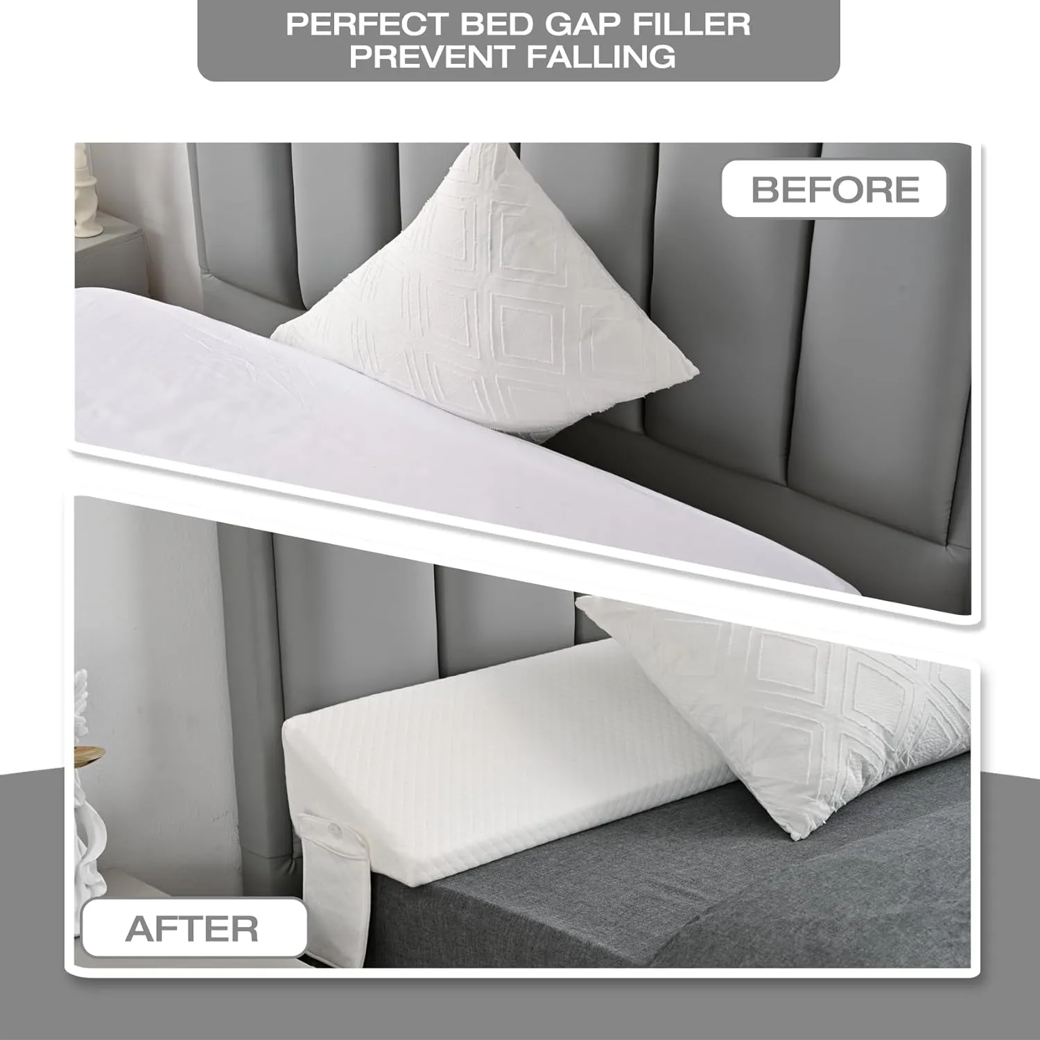 Queen Size Wedge Pillow Headboard Gap Bed Crack Filler Triangle Nora Pillows Long Plus Gap(0-8") Between Mattress and Headboards for Dorm Sleeping Backest Room Accessories Apartment Must Haves White