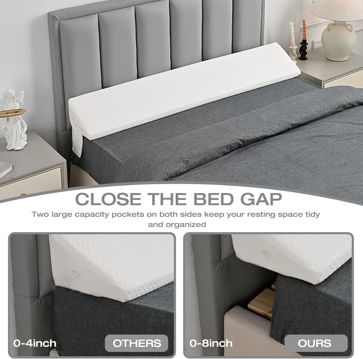 Queen Size Wedge Pillow Headboard Gap Bed Crack Filler Triangle Nora Pillows Long Plus Gap(0-8") Between Mattress and Headboards for Dorm Sleeping Backest Room Accessories Apartment Must Haves White