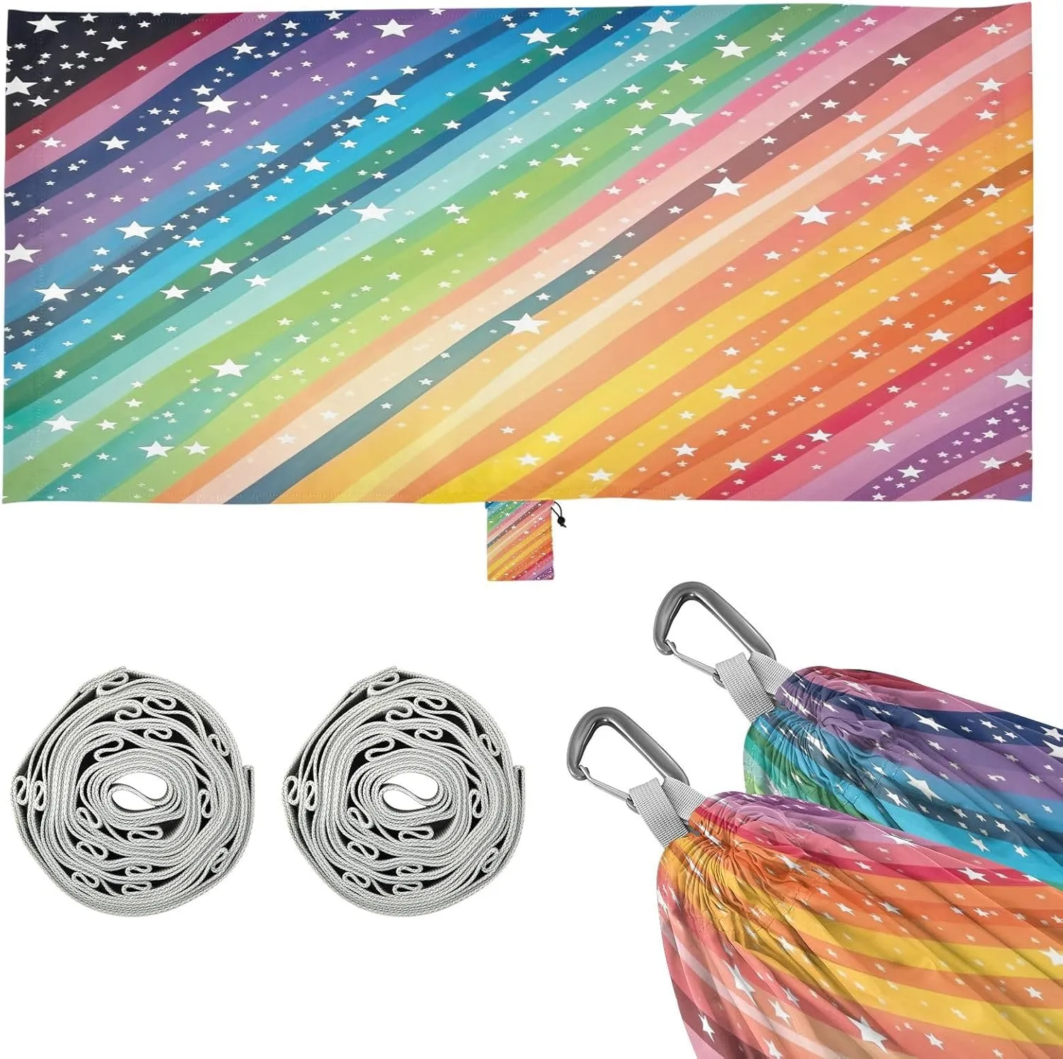 Rainbow Stars Stripes Camping Hammock, Single Portable Hammocks with Tree Straps & Attached Carry Bag, 330Lbs Capacity Perfect for Outside Indoor Hiking Beach Backpack Travel