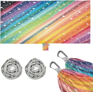 Rainbow Stars Stripes Camping Hammock, Single Portable Hammocks with Tree Straps & Attached Carry Bag, 330Lbs Capacity Perfect for Outside Indoor Hiking Beach Backpack Travel